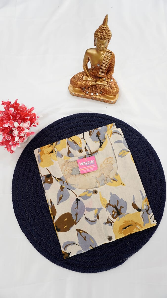 Flex Cotton Fancy Round Neck Kurti – Cream Multicolour | Sri Vinayaka